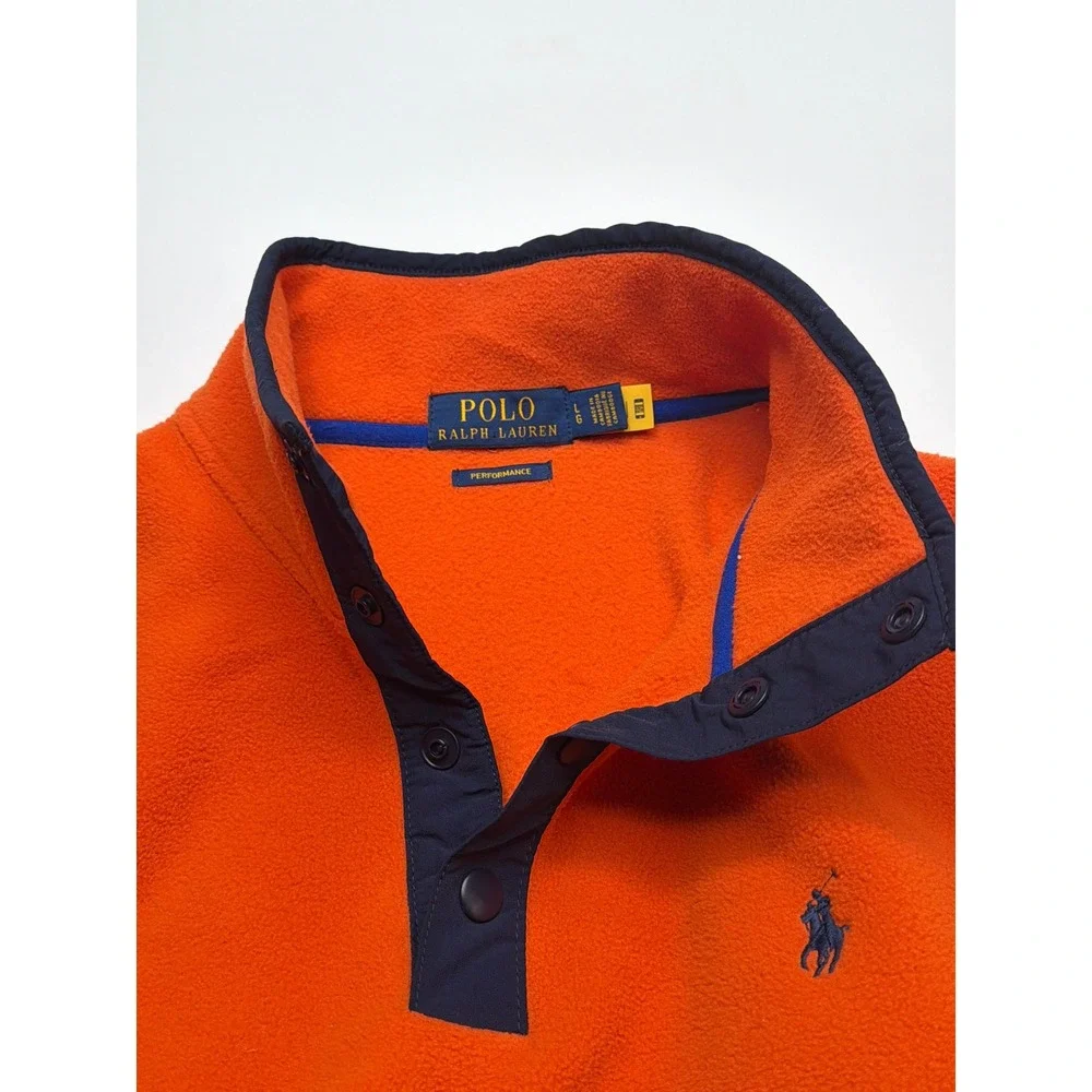 Polo Ralph‎ Lauren Men Orange Fleece Snap Neck Pullover Sweater Large